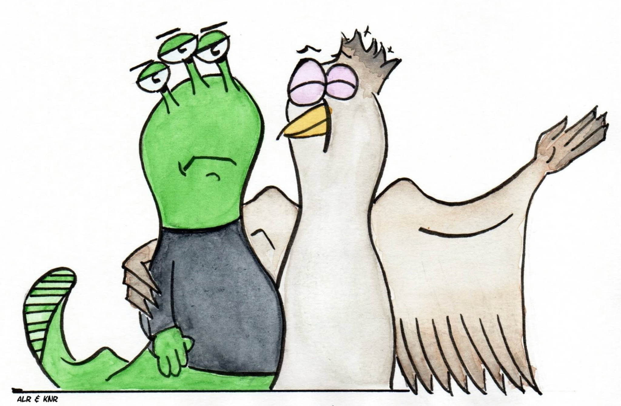 Whimsical hand-drawn illustration of two characters